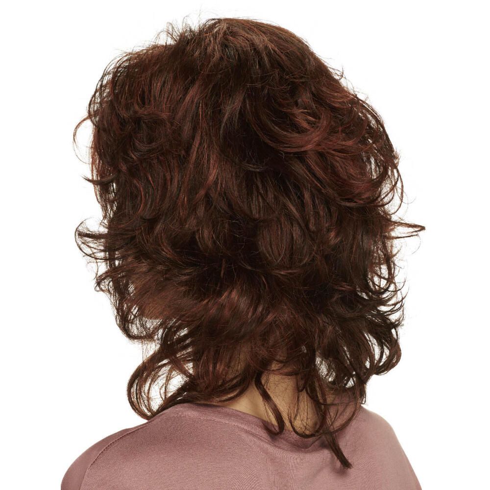 Rote, gewellte Perücke. Rückansicht. Mittellange, lockige Haare.