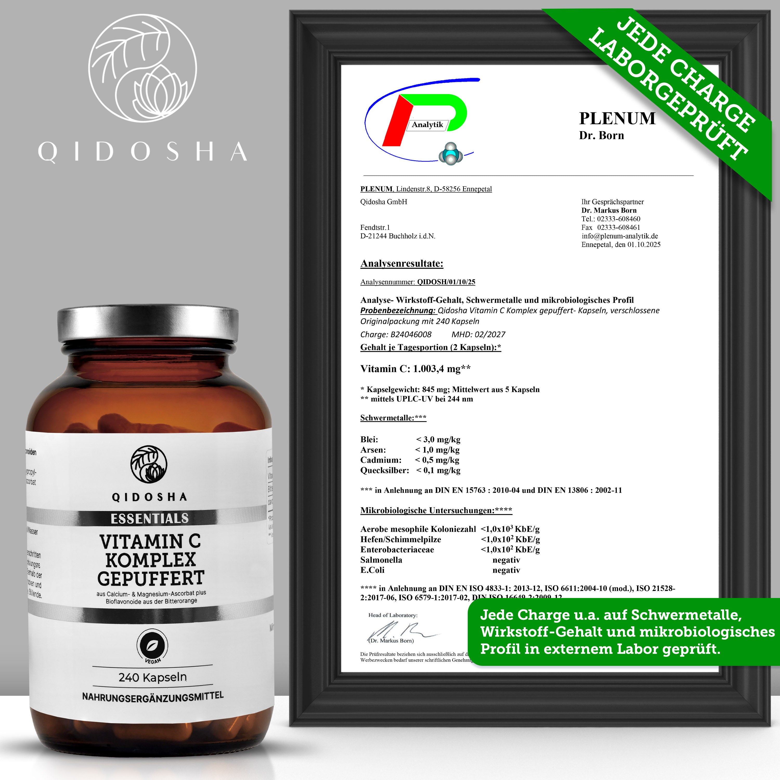 QIDOSHA Vitamin C Komplex Flasche neben einem Laborprüfzertifikat von PLENUM.