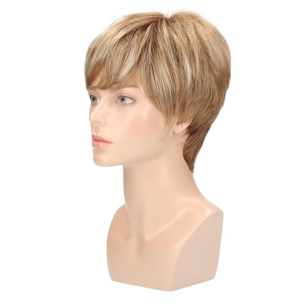 Perücke HELSINKI von degenhardt, blond mit Strähnen, auf Büste. Seitenansicht.