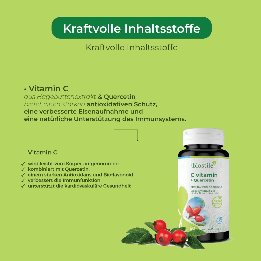 Flasche mit Aufschrift: Biostile C vitamin + Quercetin. Hagebutten-Illustration. Text über Inhaltsstoffe und Vorteile.