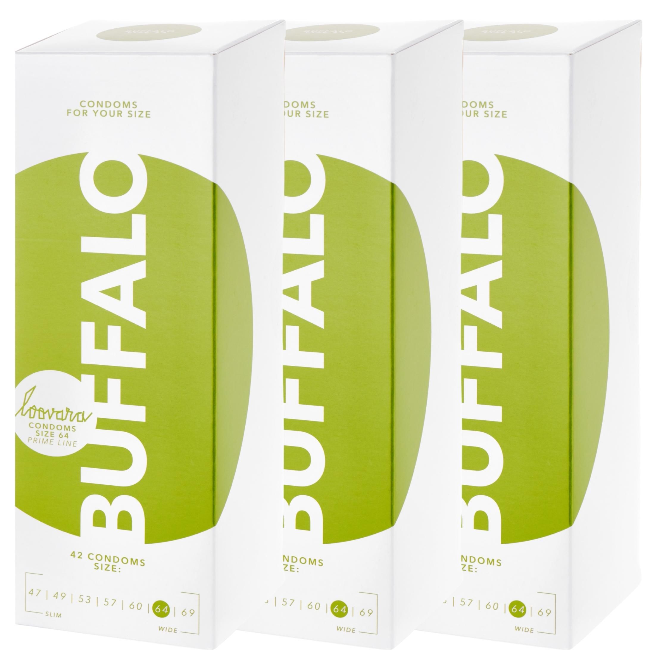 Drei Schachteln mit "BUFFALO"-Aufdruck. Grüne Kreise und Schrift. "Loovara" und "42 Kondome" sind sichtbar.