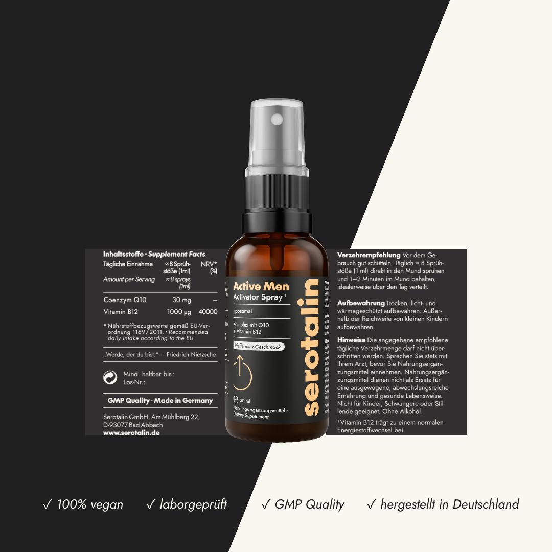 Braune Sprayflasche, Text: Active Men Activator Spray, Coenzym Q10, Vitamin B12. Beipackzettel, Text: GMP Quality, Made in Germany.