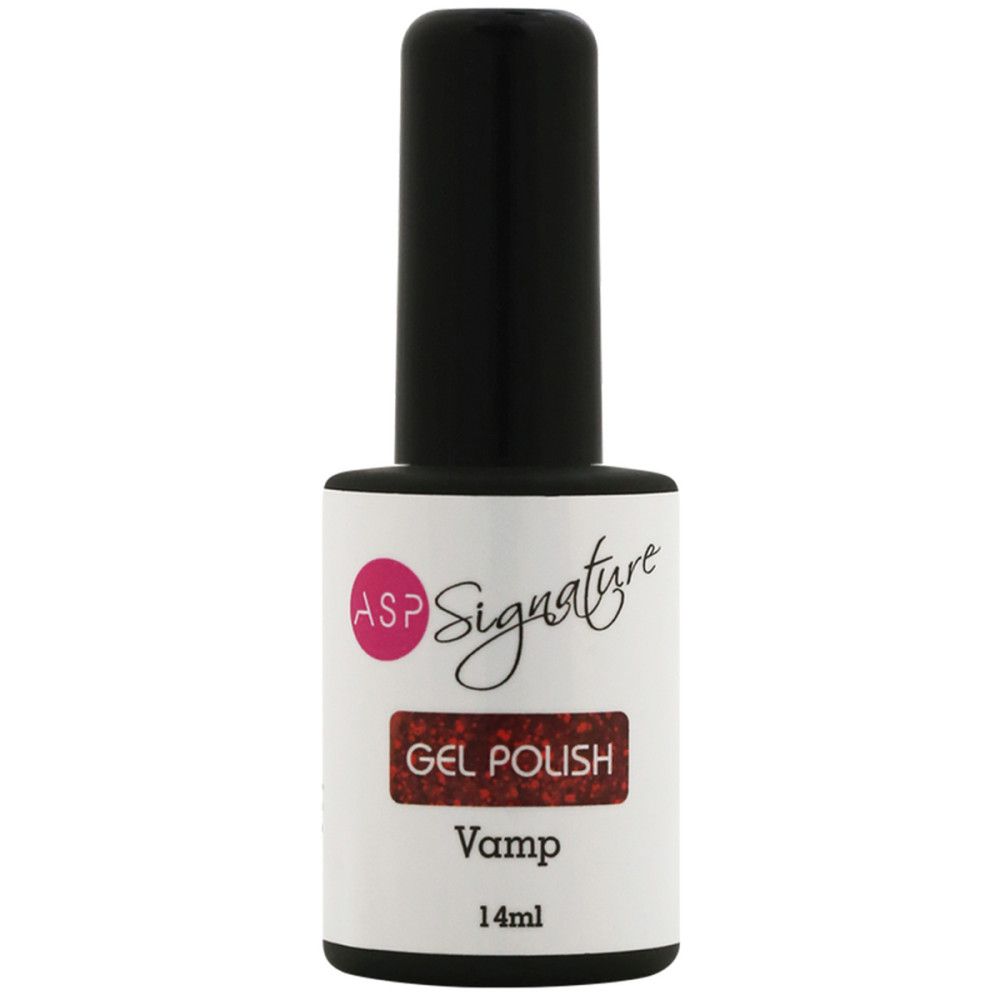 Nagellackflasche mit schwarzem Deckel. Etikett mit ASP Signature, Gel Polish, Vamp, 14ml.