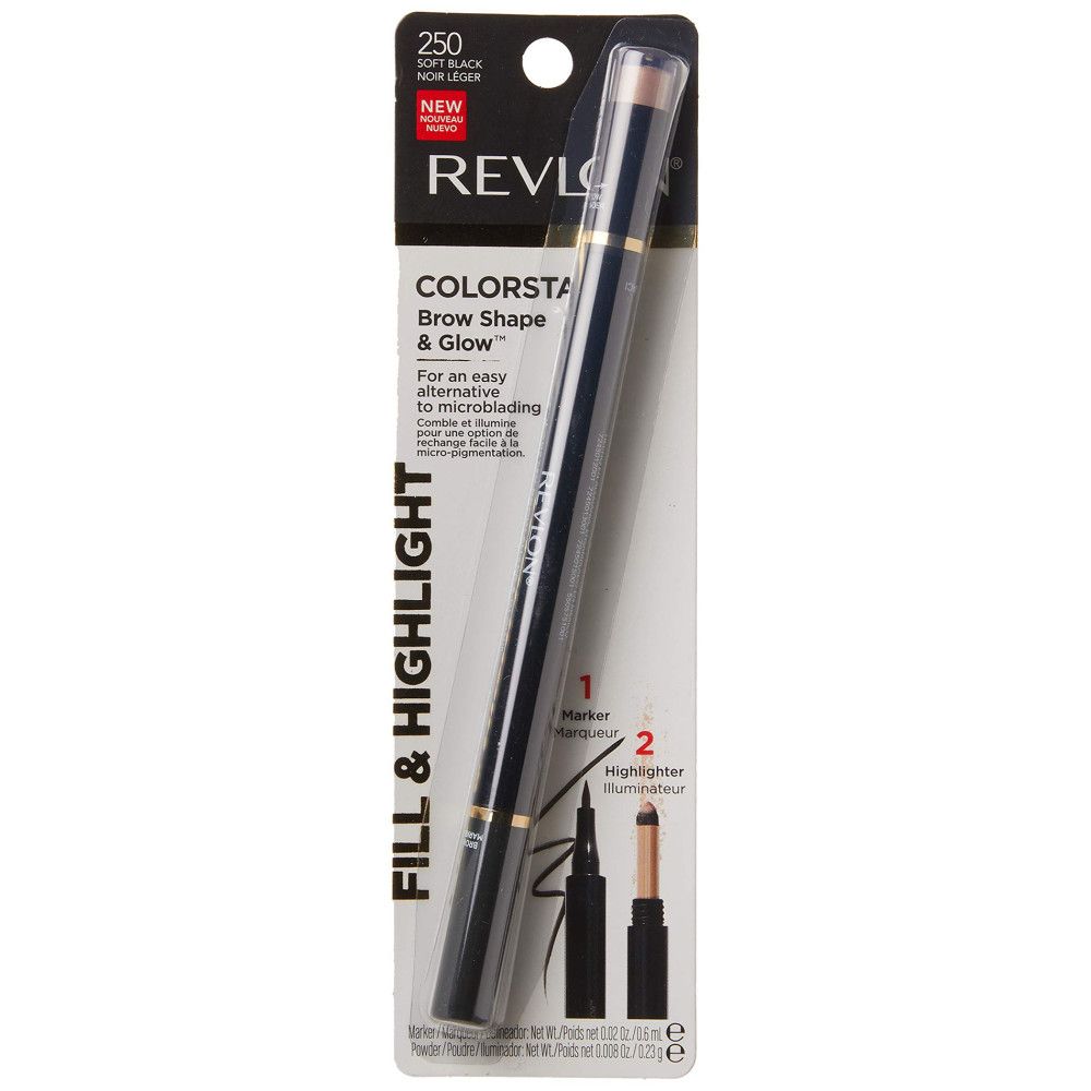 Verpackung mit Stift. Schwarzer Stift mit Spitze und Highlighter. Aufschrift: Revlon ColorStay Brow Shape & Glow.