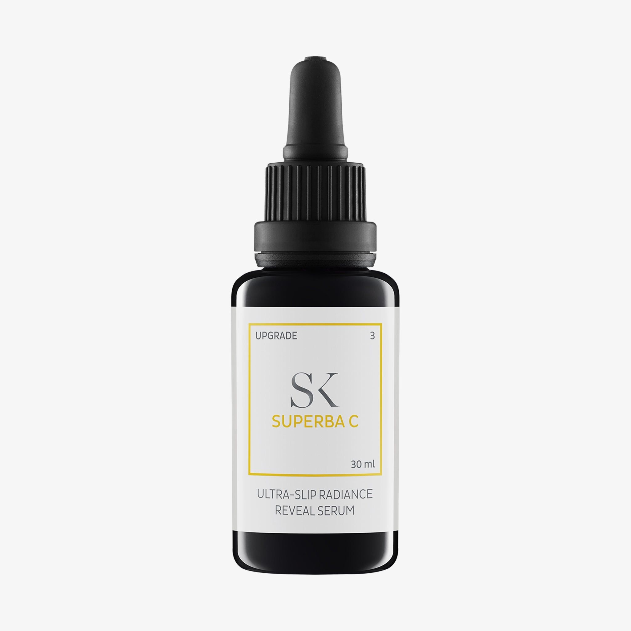 Schwarze Flasche mit Pipette. Auf dem Etikett steht "SK Superba C" und "Ultra-Slip Radiance Reveal Serum".