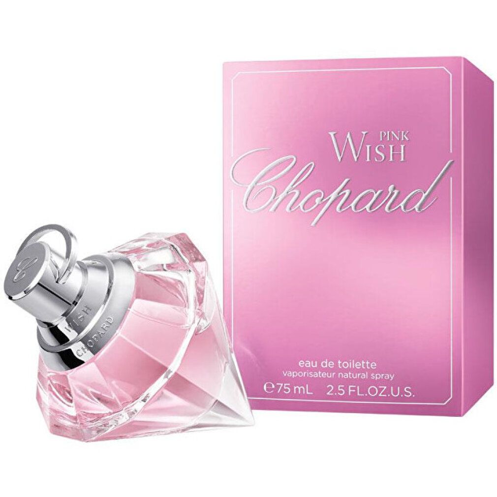 Chopard Pink Wish Eau de Toilette Flakon und rosa Verpackung, 75 ml, auf weißem Hintergrund.