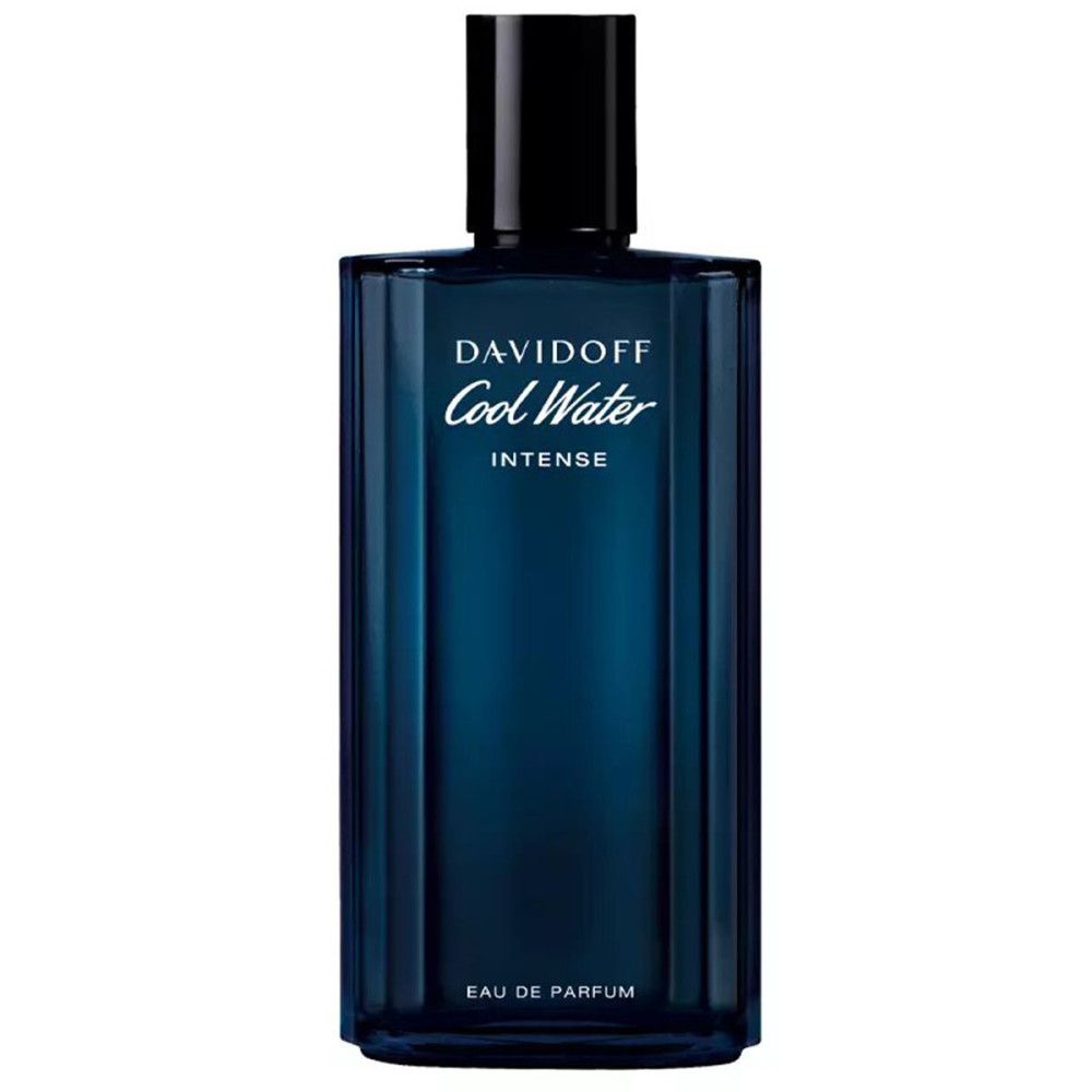 Davidoff Cool Water Intense EdP Nat. Spray Flakon. Blau, rechteckig. Schwarzer Verschluss. Schriftzug und Produktangaben.