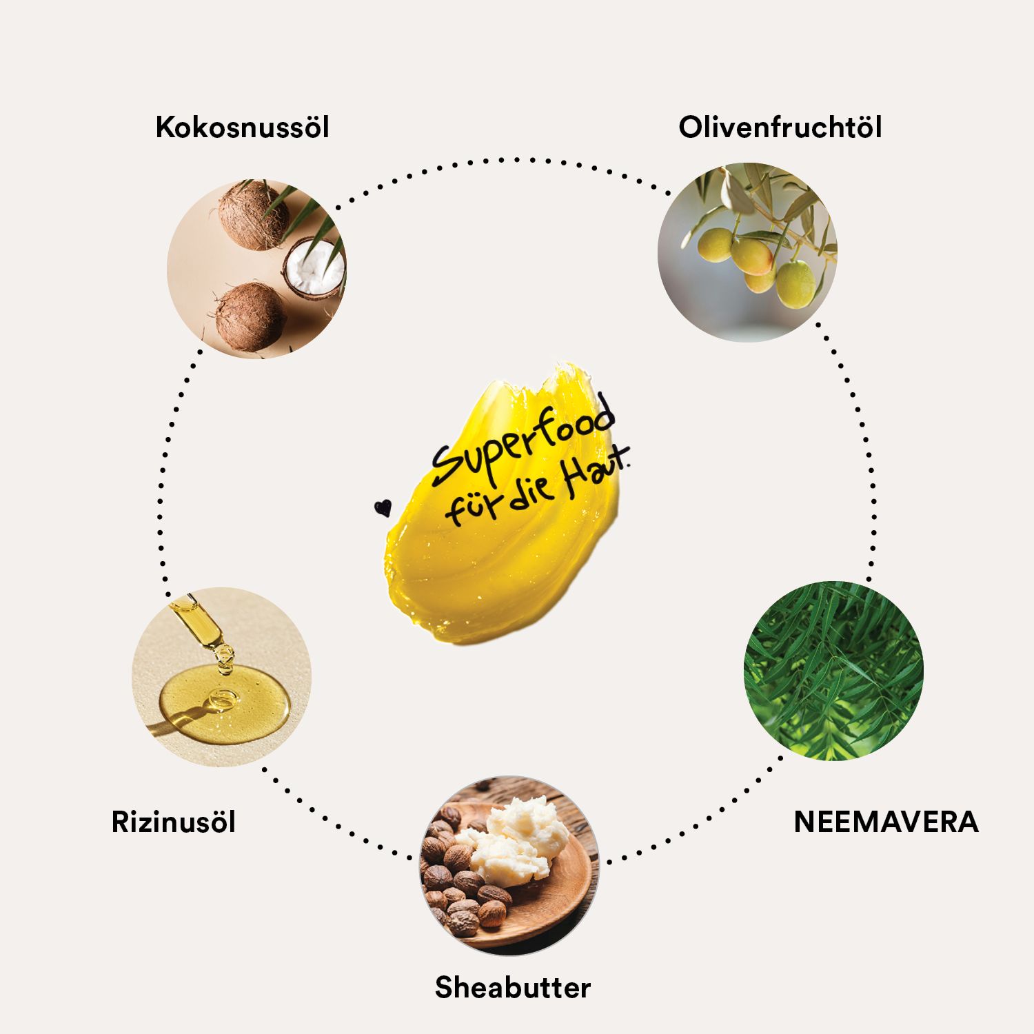 Kreisförmige Anordnung von Zutaten. Text: Kokosnussöl, Olivenfruchtöl, Rizinusöl, Sheabutter, Neem.