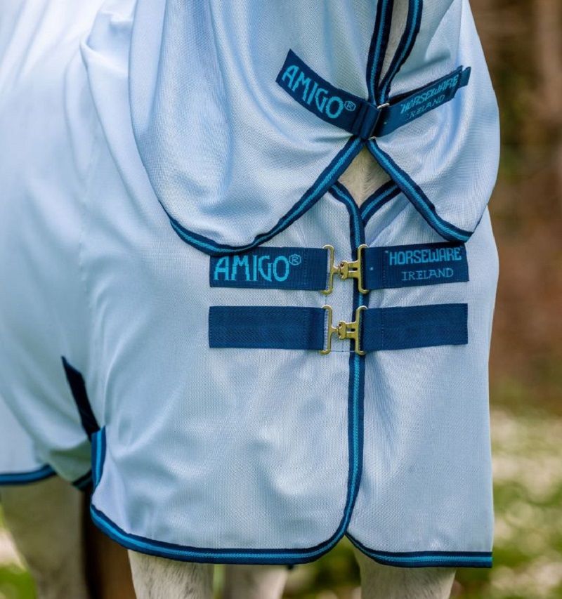 Nahaufnahme der Fliegendecke. Blaue Ränder, Gurte und das Logo 'AMIGO' und 'HORSEWARE IRELAND'.