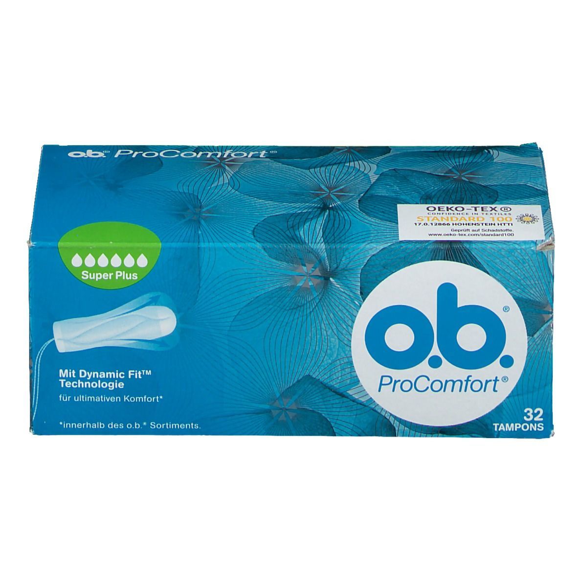 Blau-grüne Schachtel mit o.b. ProComfort Super Plus Tampons. Oben links das Logo von o.b. und das Öko-Tex-Siegel. 32 Tampons.