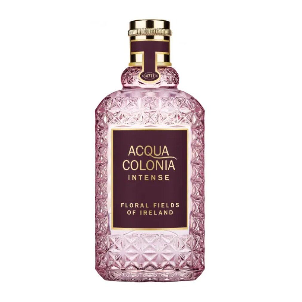 Rosa Flakon von Acqua Colonia Intense Floral Fields of Ireland. Mit goldfarbenem Verschluss und dunkelrotem Etikett.