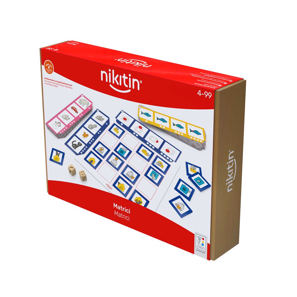 Verpackung von Nikitin Lernspiel Matrici N10. Rote und braune Schachtel mit Spielmaterial. Aufdruck: Matrici, 4-99.