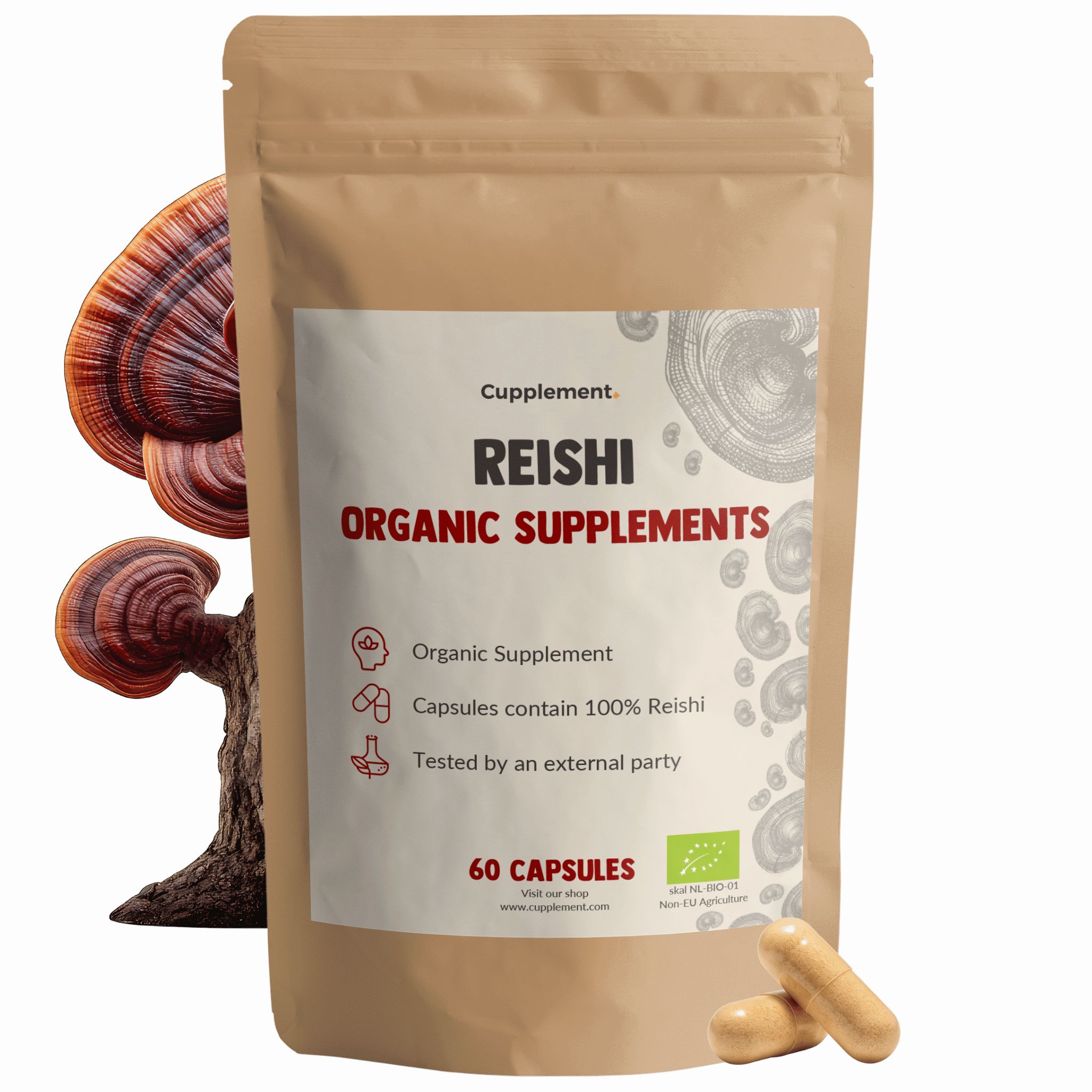 Beutel mit Cupplement Reishi Kapseln. 60 Kapseln. Bio-Zertifizierung. Braune Kapseln liegen daneben.