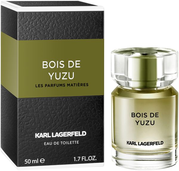 Flakon und Schachtel. Aufschrift: Bois de Yuzu, Karl Lagerfeld. 50 ml, 1.7 FL.OZ. Schwarze Schachtel mit grünem Streifen.
