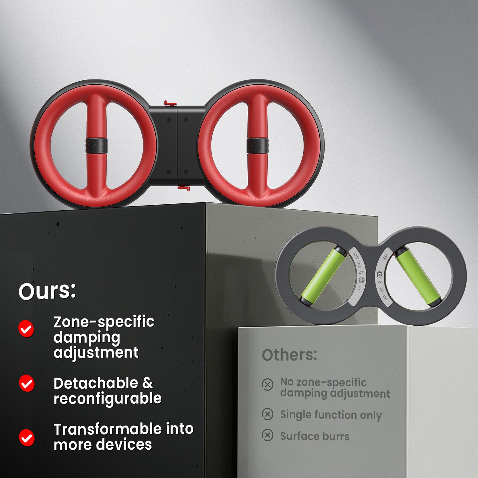 Gerät für Arme und Brust, schwarz-rot. Zwei Räder mit Griffen, verbunden. Vergleich mit einem ähnlichen Produkt.