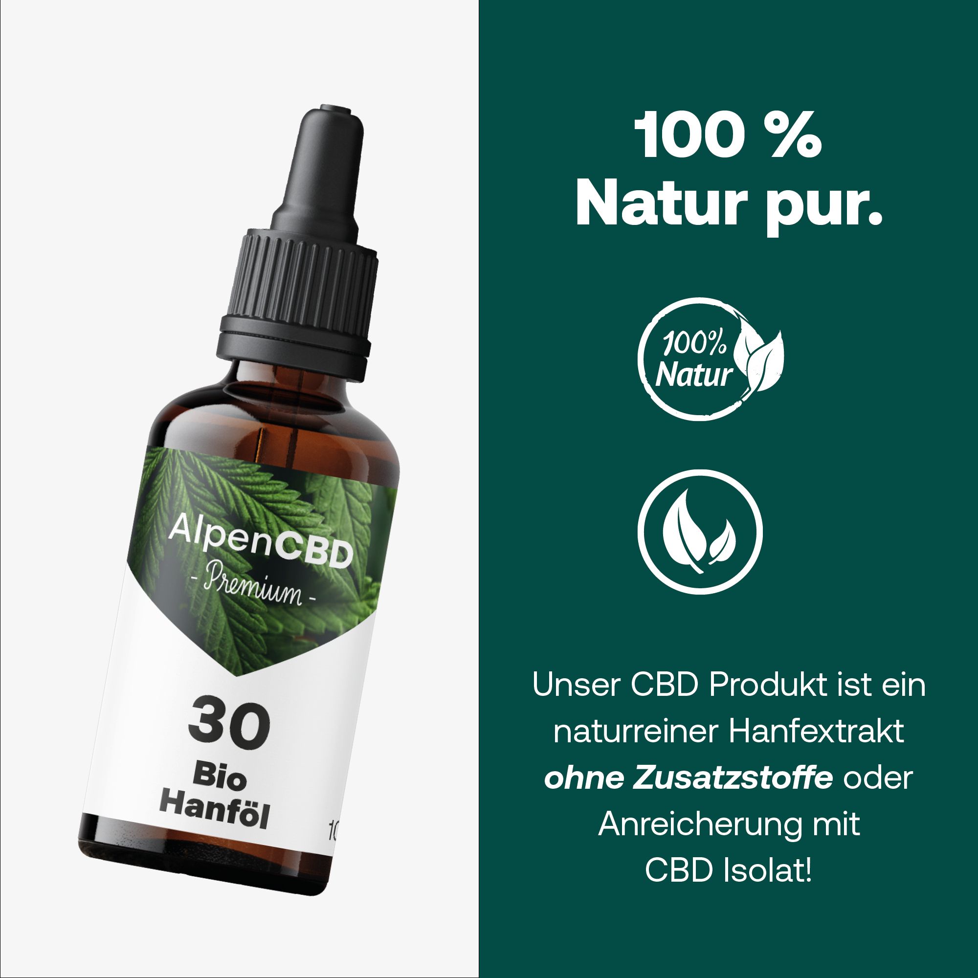 Braune Glasflasche mit Tropfer und Etikett. Auf dem Etikett steht AlpenCBD, 30 Bio Hanföl. Hintergrund: grüne Fläche mit Logos.