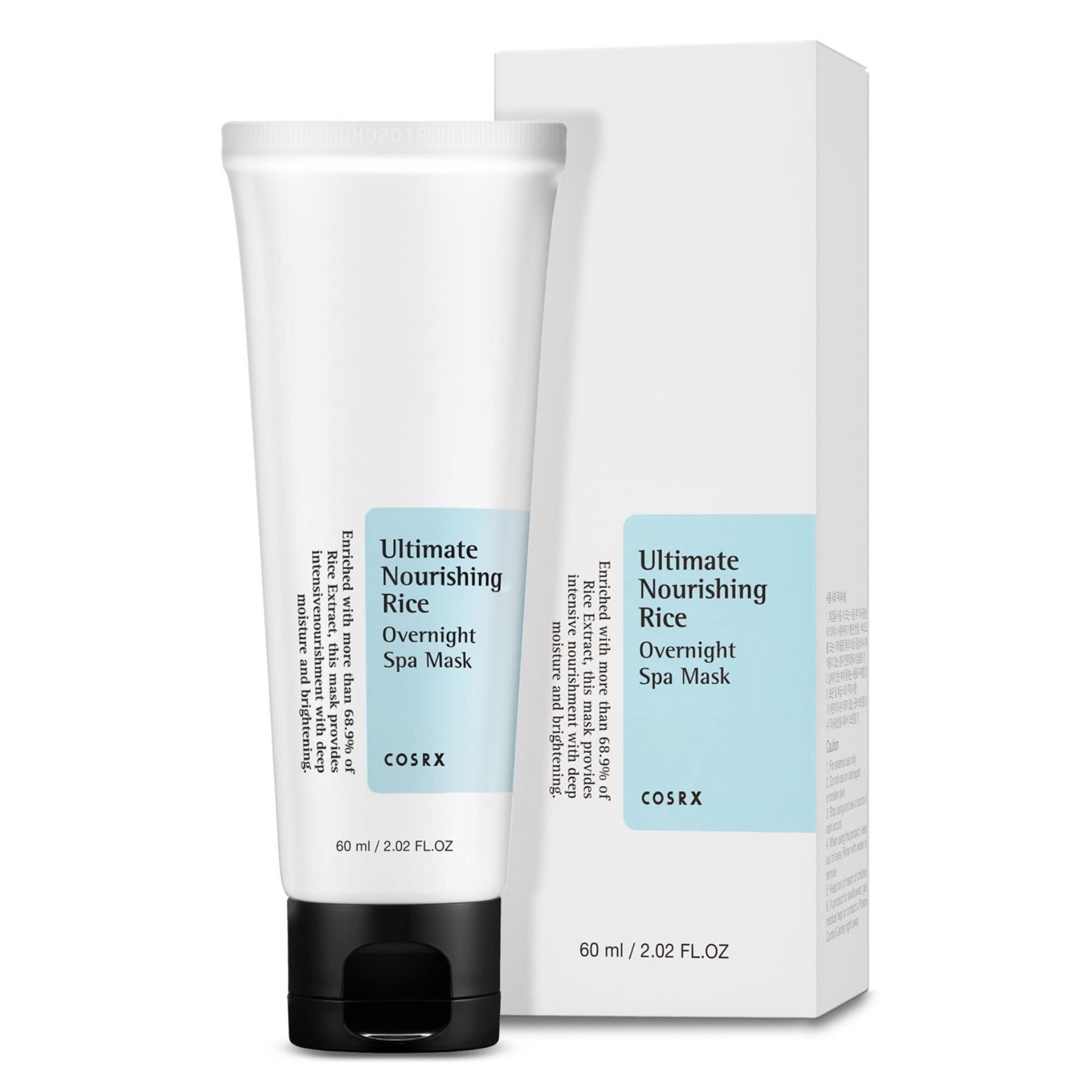 Weiße Tube und Schachtel mit Produktaufdruck. Aufschrift: Ultimate Nourishing Rice Overnight Spa Mask. Marke: COSRX.