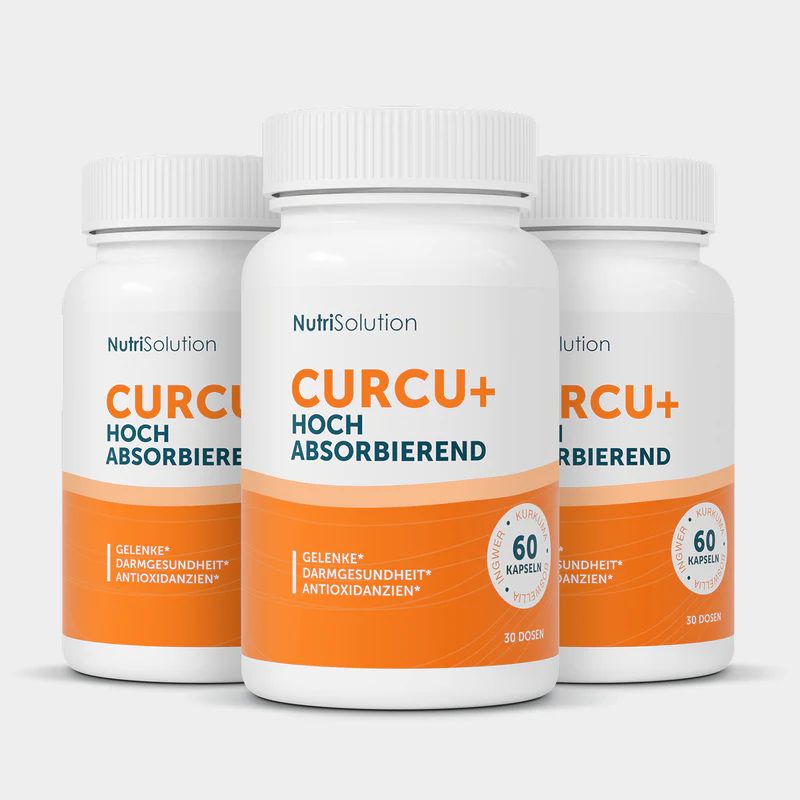 Drei weiße Flaschen mit orangefarbenen Etiketten. Auf den Etiketten steht "NutriSolution CURCU+ HOCH ABSORBIEREND".