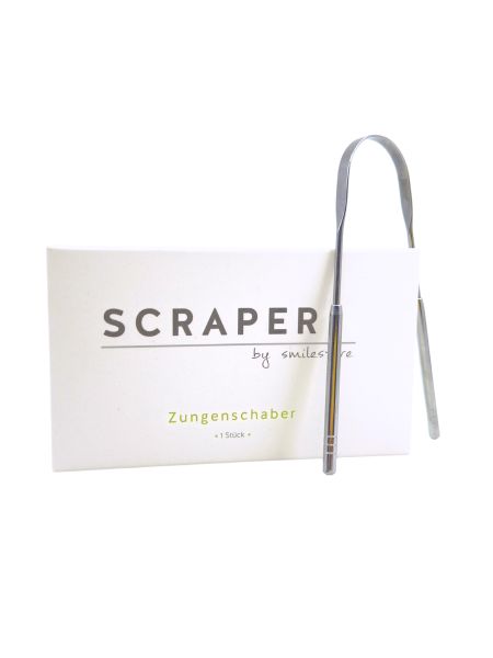 Zungenschaber aus Edelstahl und Verpackung. Aufschrift: SCRAPER by smilestore, Zungenschaber, 1 Stück.