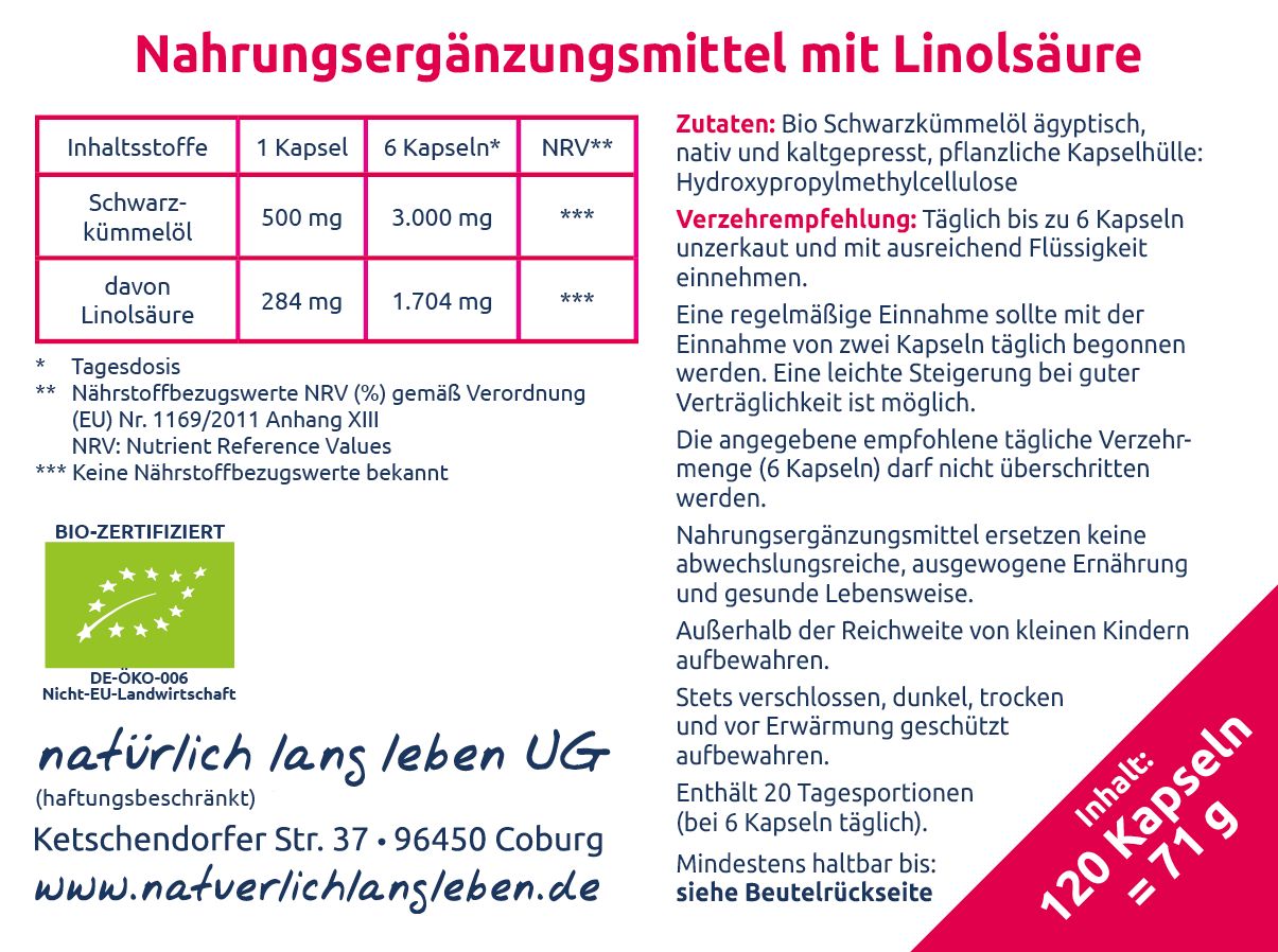 Rückseite einer Verpackung mit Nährwertangaben, Zutaten, Anwendungshinweisen und BIO-Siegel.