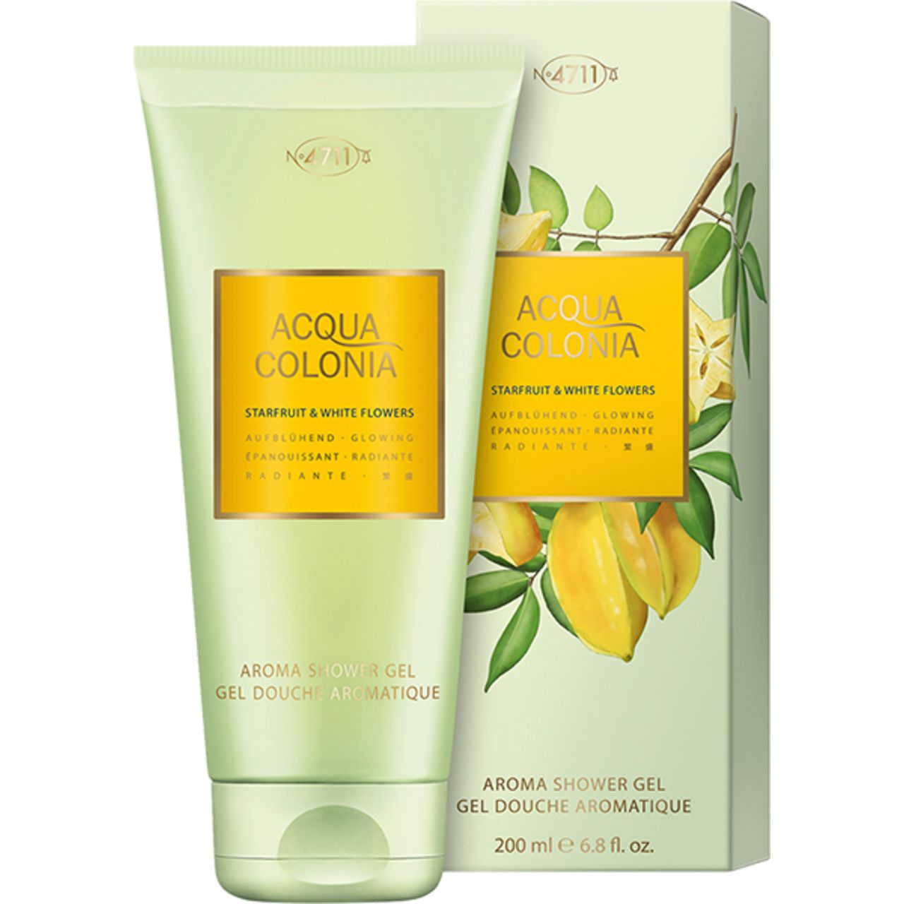 Grüne Tube und Schachtel. Aufschrift: Acqua Colonia, Starfruit & White Flowers. Aroma Shower Gel.