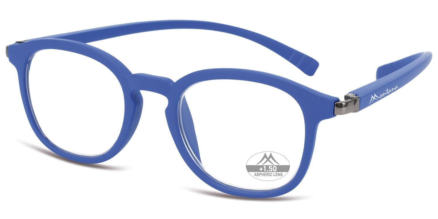 Blaue Brille mit runden Gläsern. Auf einem Glas ist "+1.50 ASPHERIC LENS" sichtbar. Montana Eyewear Logo auf dem Bügel.