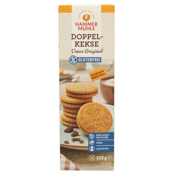 Verpackung Doppelkeks mit Kakaocreme. Glutenfrei. Aufschrift: Hammer Mühle, Doppelkekse, Unser Original, Glutenfrei. 4 Snack-Packs.