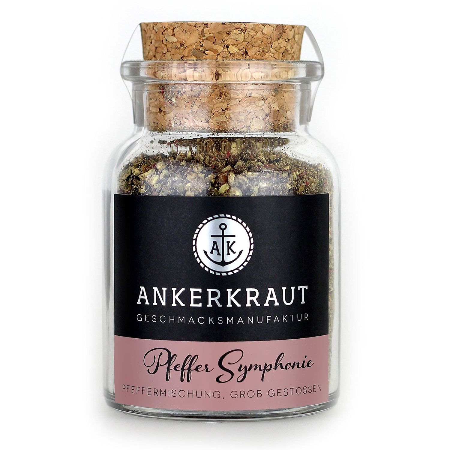 Glas mit Pfeffermischung. Schwarzes Etikett mit Logo und Schriftzug "Ankerkraut Pfeffer Symphonie". Korkverschluss.