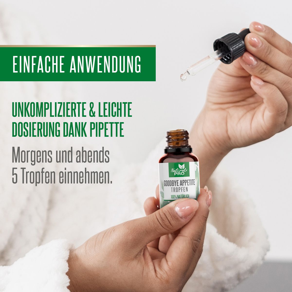 Hände halten eine braune Flasche mit Tropfer. Etikett mit Produktname. Pipette wird benutzt.