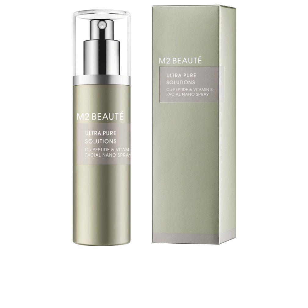 Serumflasche mit Sprühkopf und Karton. Aufschrift: M2 BEAUTÉ, ULTRA PURE SOLUTIONS, CU-PEPTIDE & VITAMIN B, FACIAL NANO SPRAY.