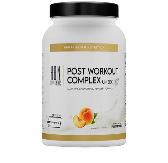 Weißes Supplement-Behälter mit schwarzem Deckel. Aufschrift: Post Workout Complex Unisex. Pfirsich-Abbildung.