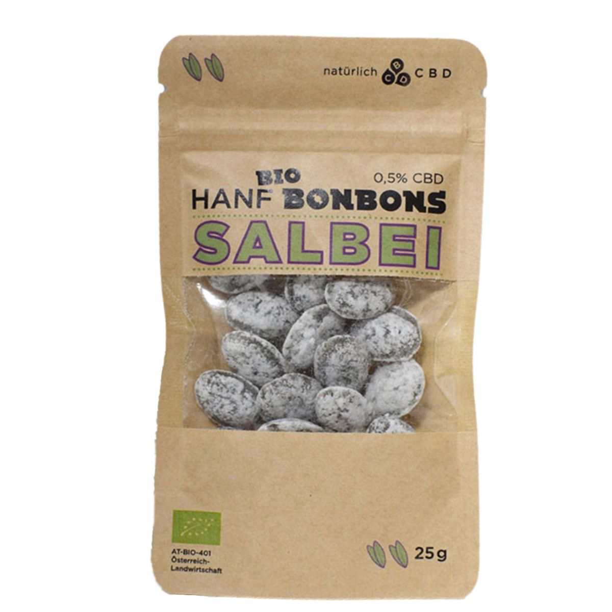 Beutel mit CBD Hanfbonbons Salbei. Sichtbare Bonbons, braune Verpackung mit Aufdrucken. 25g.