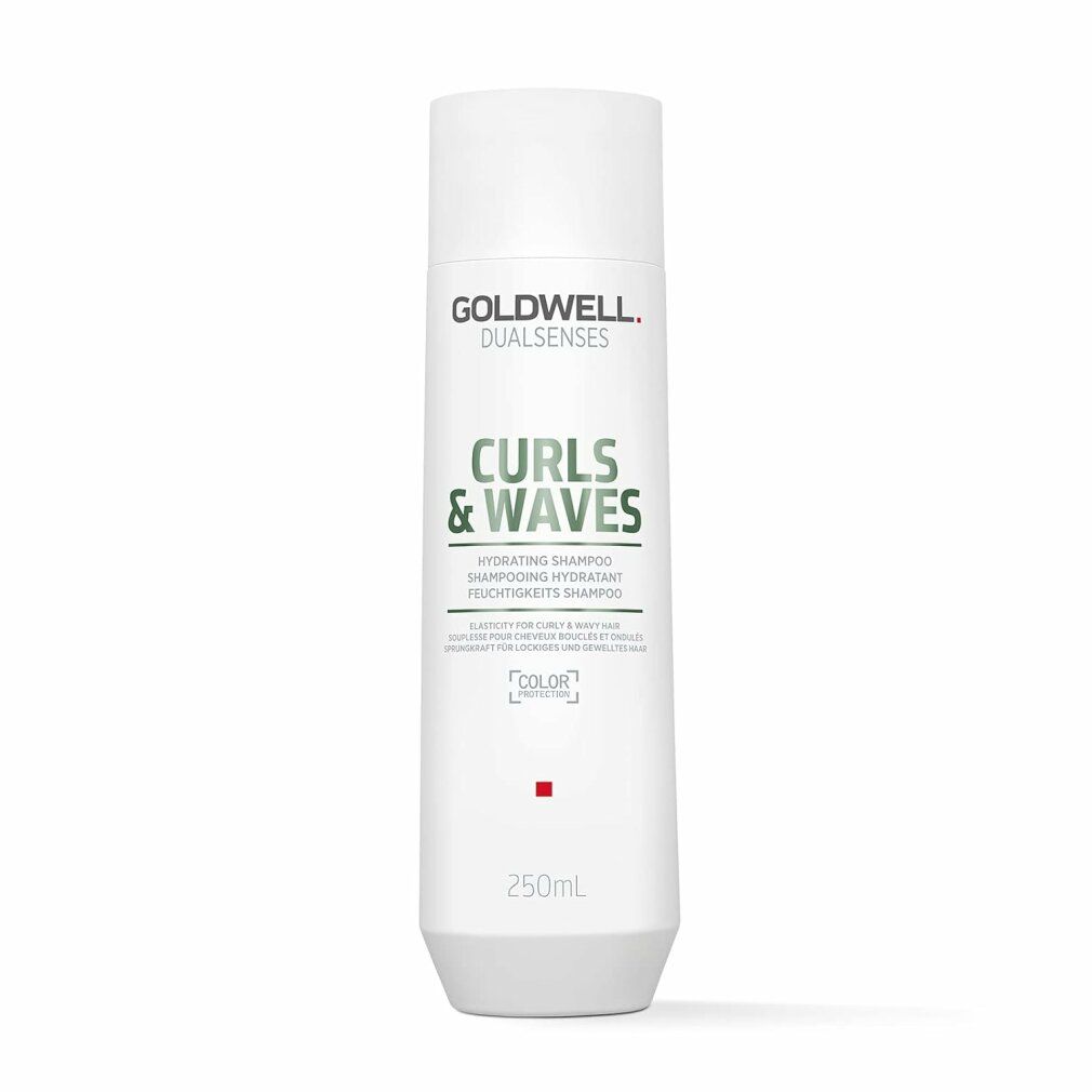 Weißes Shampoo-Fläschchen mit grüner Schrift. Aufschrift: Curls & Waves, Hydrating Shampoo. Marke: Goldwell Dualsenses.