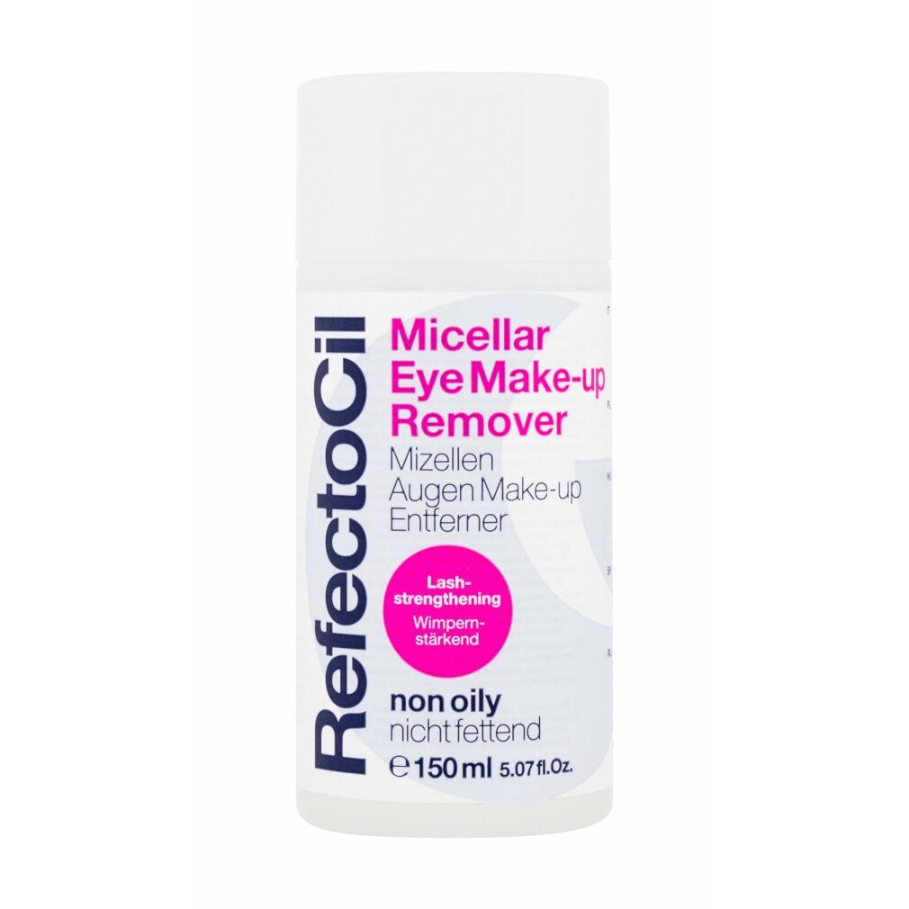 Weiße Flasche mit pinkfarbenem Text 'Micellar Eye Make-up Remover' und RefectoCil-Logo. Enthält 150ml.