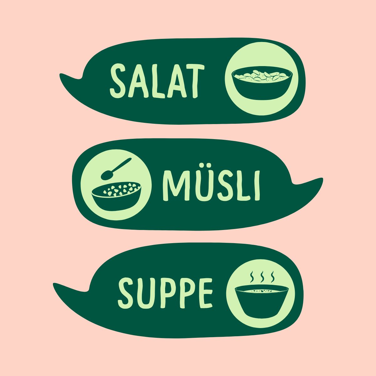 Drei grüne Sprechblasen mit Text: Salat, Müsli, Suppe. Abbildungen von Schüsseln mit Essen.
