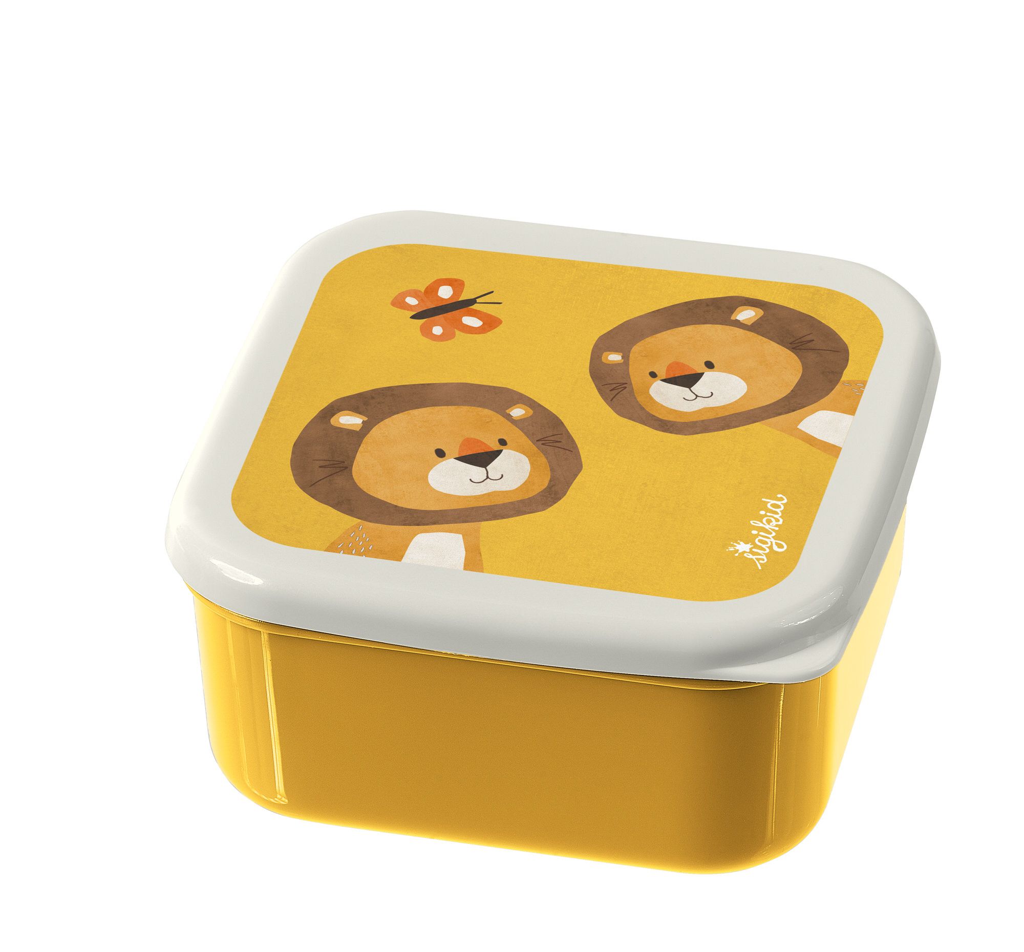Gelbe Snackbox mit Löwen-Motiv und weißem Deckel. Auf dem Deckel sind zwei Löwen und ein Schmetterling abgebildet. Marke: sigikid.