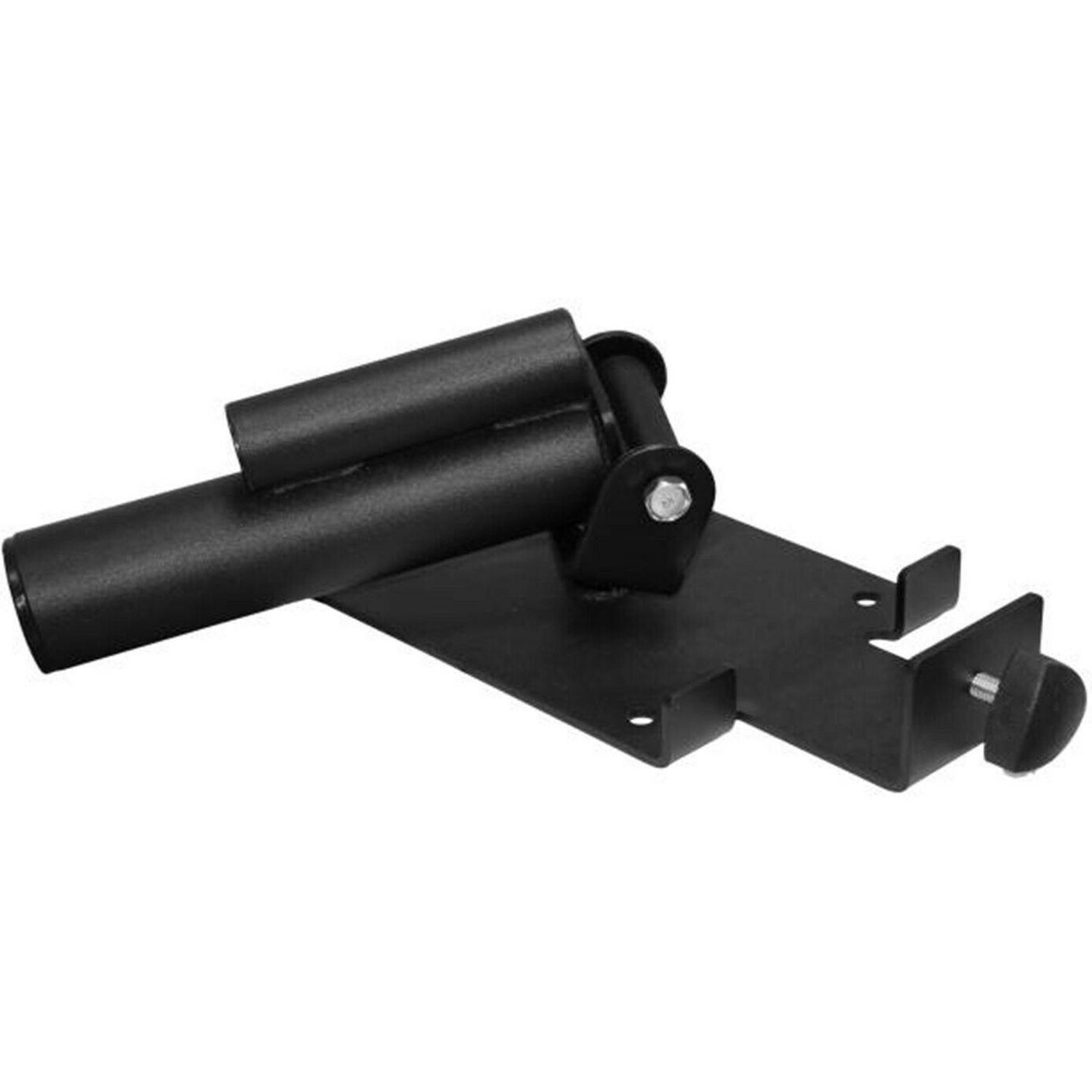 Schwarzer T-Bar Row Langhanteltrainer. Metallkonstruktion mit zwei Stangen und Halterung.
