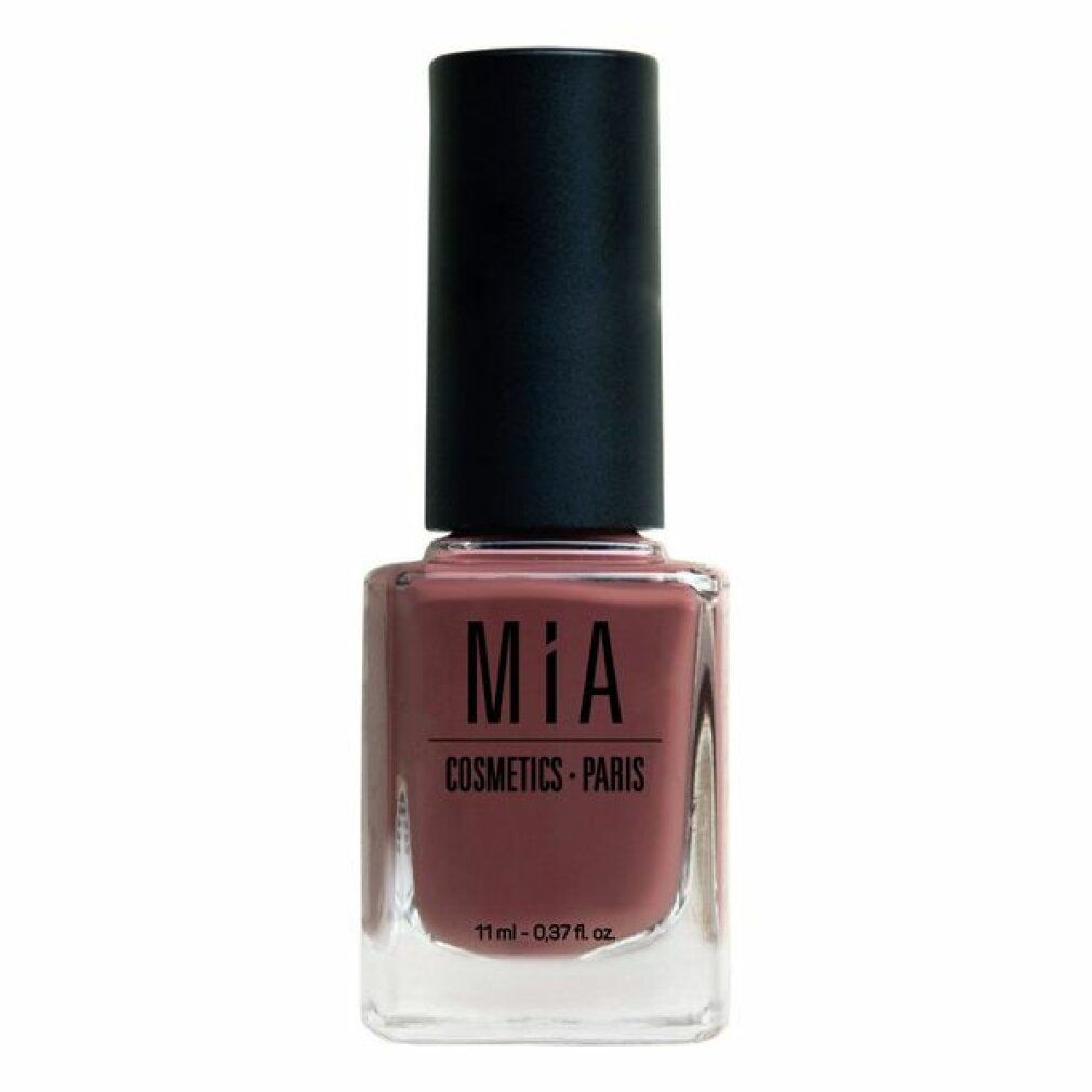 Nagellackflasche mit schwarzem Deckel. Aufschrift: MIA COSMETICS - PARIS. Farbe: Mogano. Volumen: 11 ml - 0.37 fl. oz.