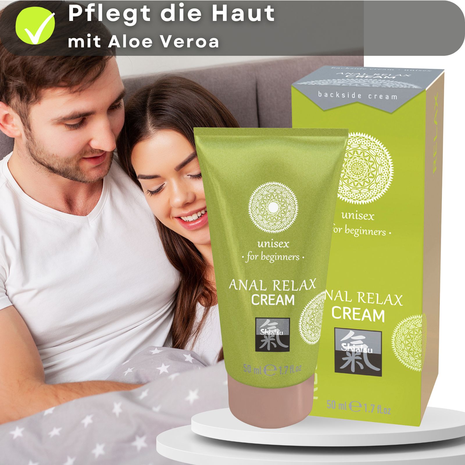 Grüne Tube und Schachtel. ANAL RELAX CREAM. Paar. Text mit Aloe Vera. 50 ml. Logo.