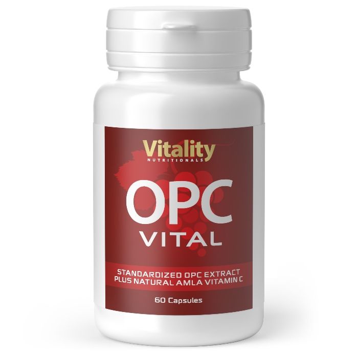 Weiße Flasche mit rotem Etikett. Aufschrift: Vitality Nutritionals OPC Vital. Enthält 60 Kapseln.