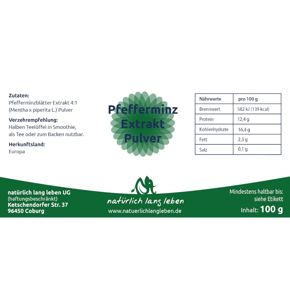 Etikett mit Produktinformationen. Aufschrift: Pfefferminz Extrakt Pulver. Logo: Blatt. Aufschrift: natürlich lang leben. Nährwerttabelle.