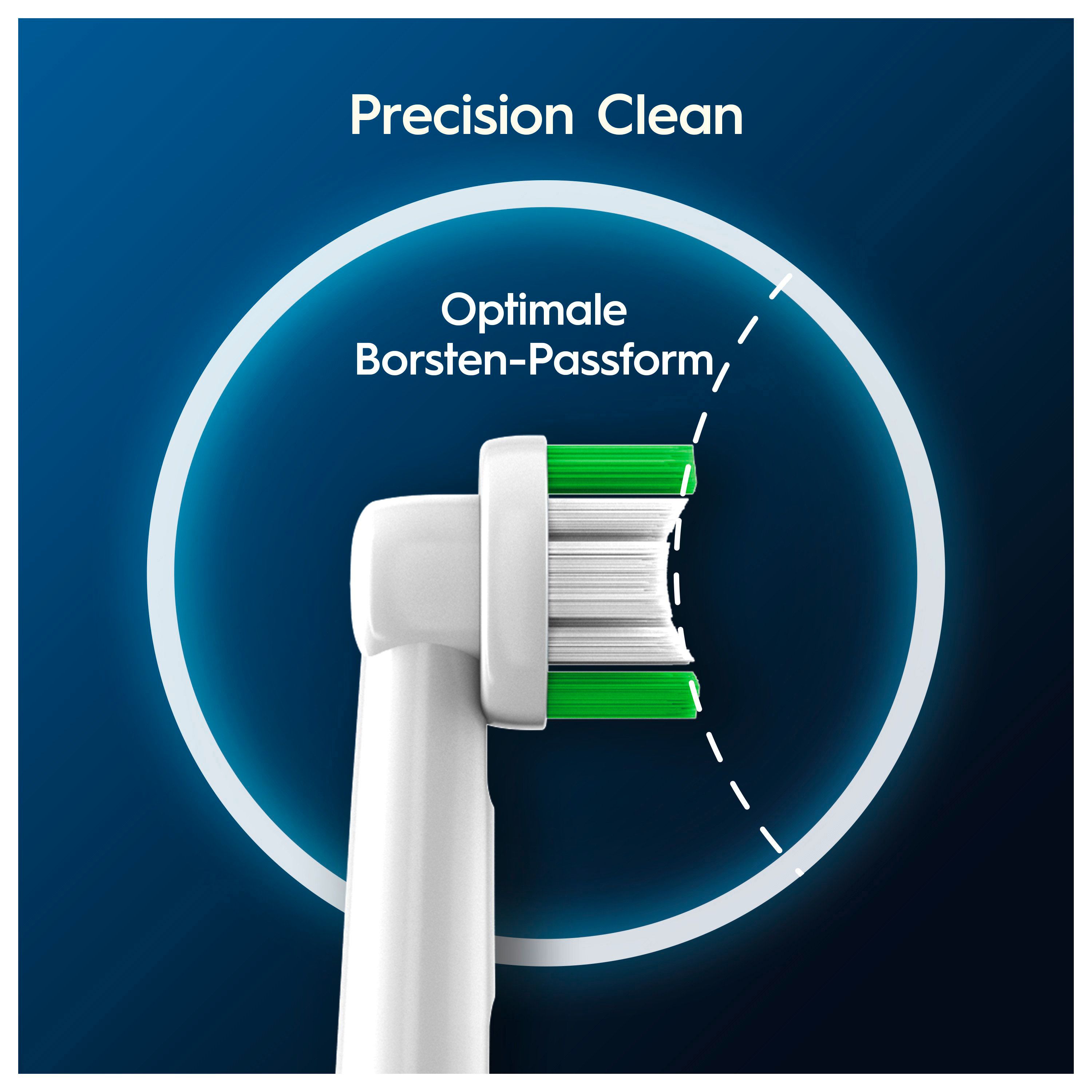 Nahaufnahme eines Oral-B Pro Precision Clean Bürstenkopfes. Grüne und weiße Borsten, weißer Kopf, blauer Hintergrund mit Text.