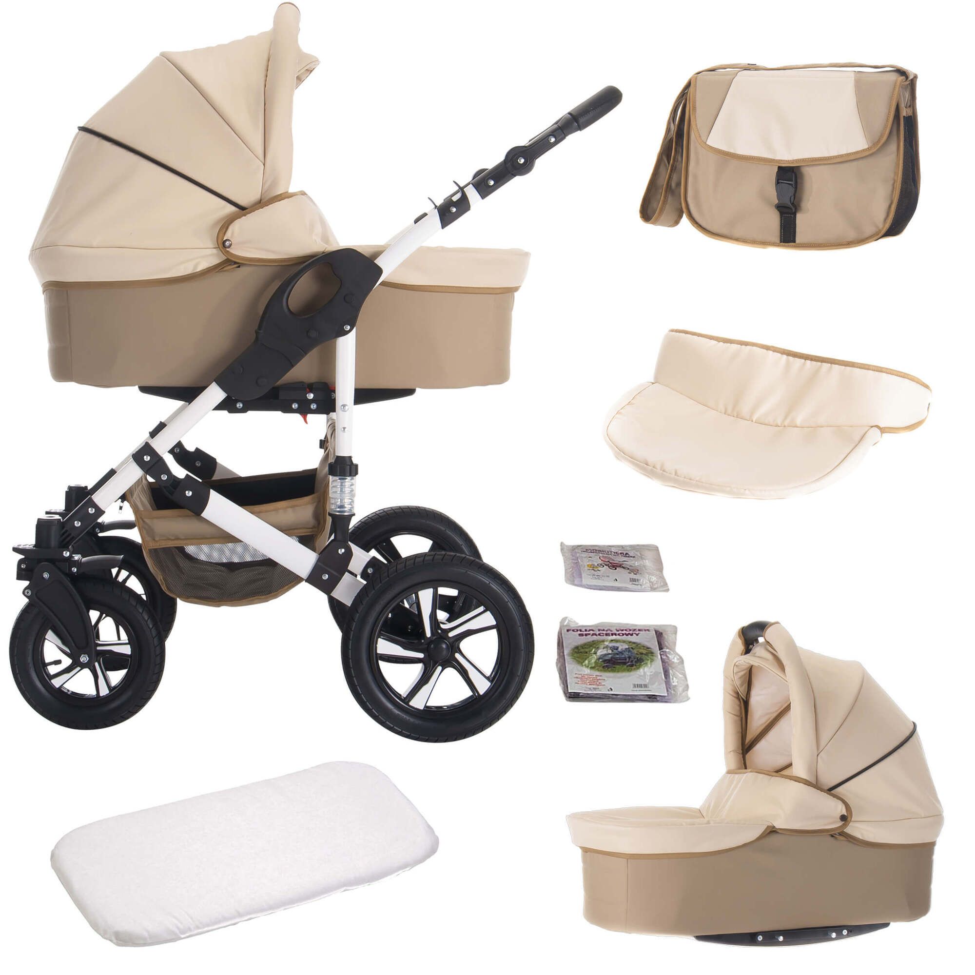 Kinderwagen mit Zubehör: Tasche, Sonnenblende, Matratze, Babyschale. Beige und weiß.
