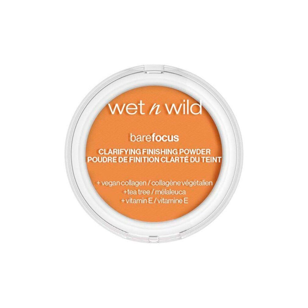 Runder, transparenter Behälter mit orangefarbenem Puder. Aufschrift: Wet n Wild, barefocus, Clarifying Finishing Powder.