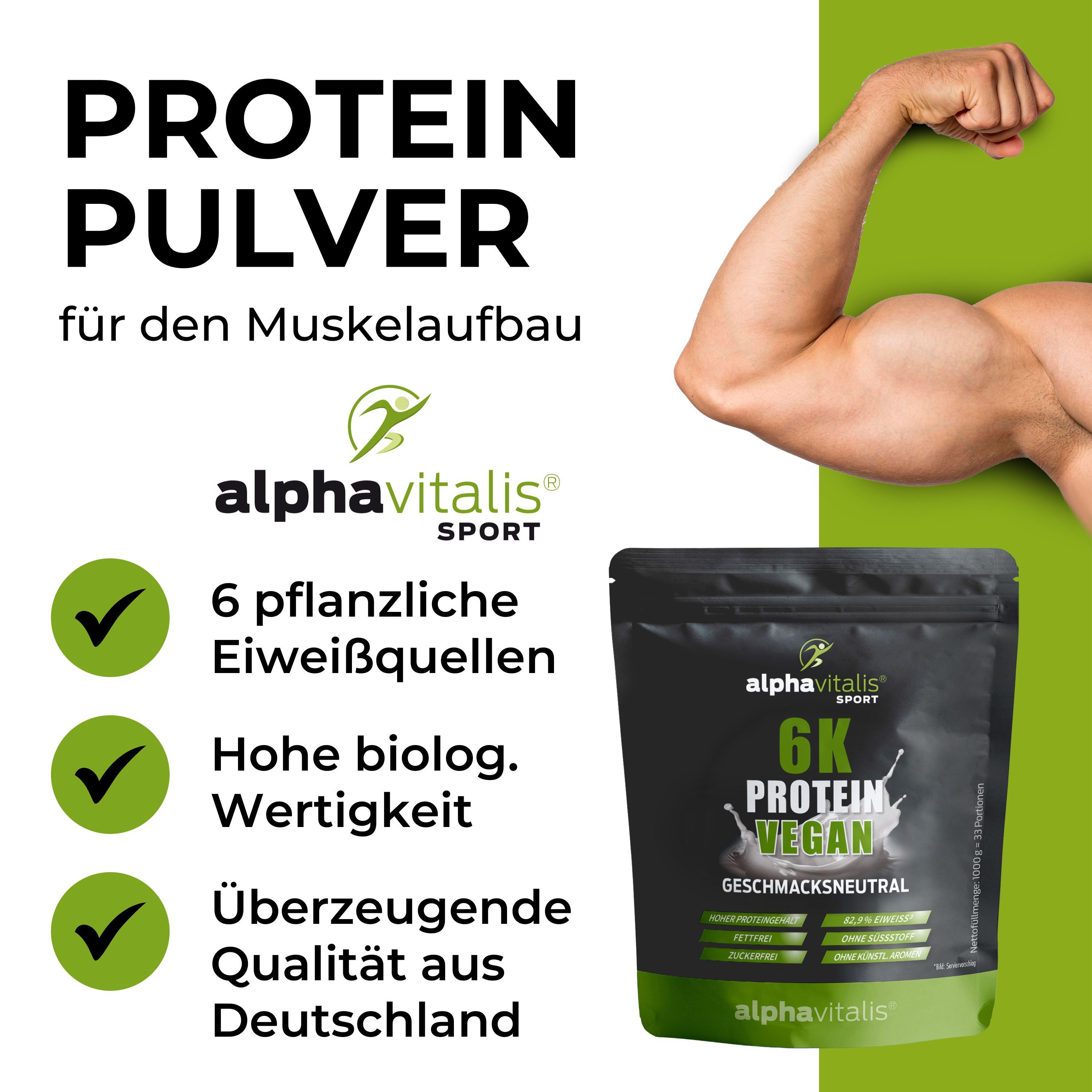 Schwarze Verpackung mit Alphavitalis Logo. Text: 6K Protein Vegan, geschmacksneutral. 6 pflanzliche Eiweißquellen. Hohe biologische Wertigkeit.