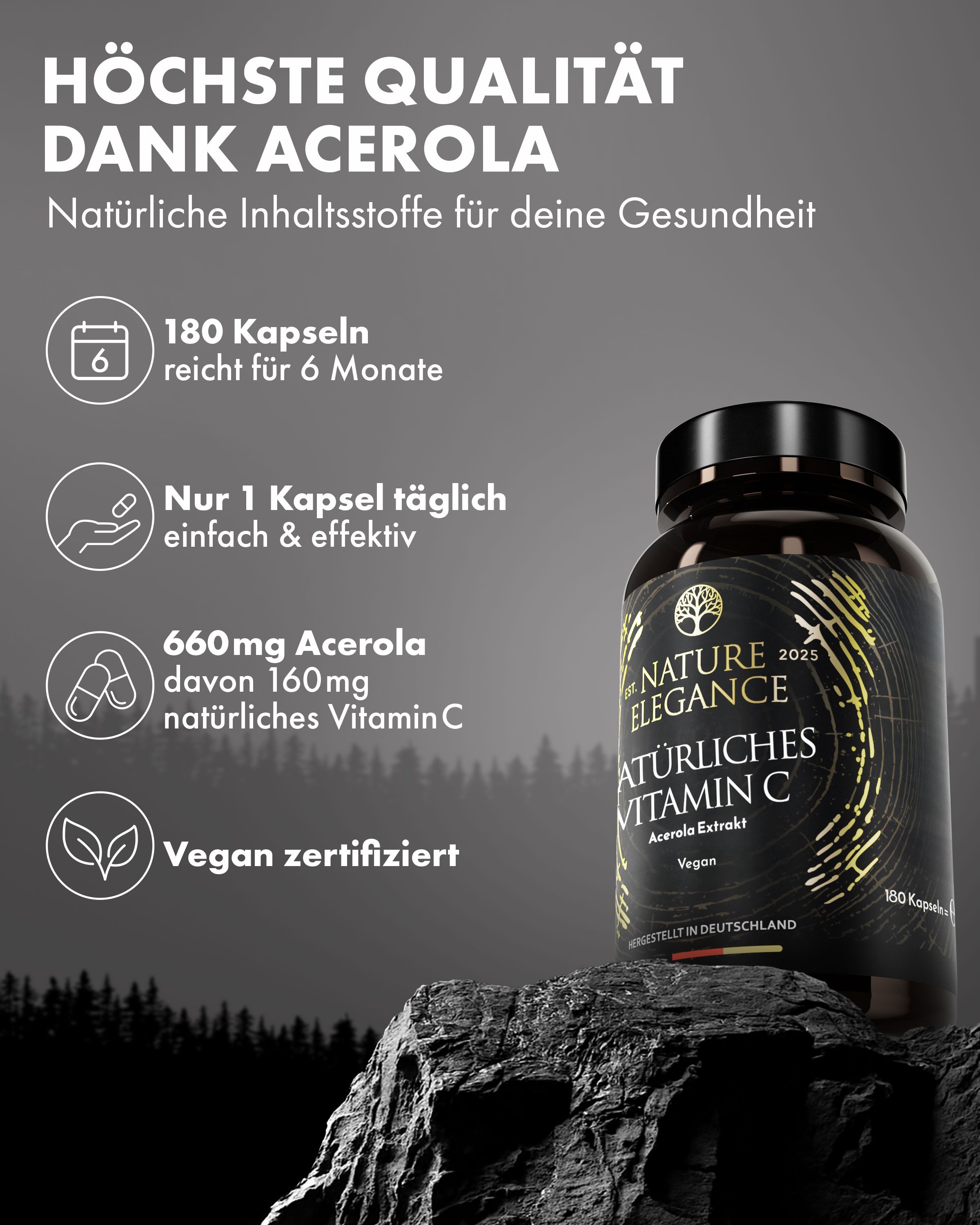 Braune Flasche mit Aufschrift: NATURE ELEGANCE, NATÜRLICHES VITAMIN C. Symbole: 180 Kapseln, 6 Monate, 1 Kapsel täglich, 660mg Acerola, vegan.