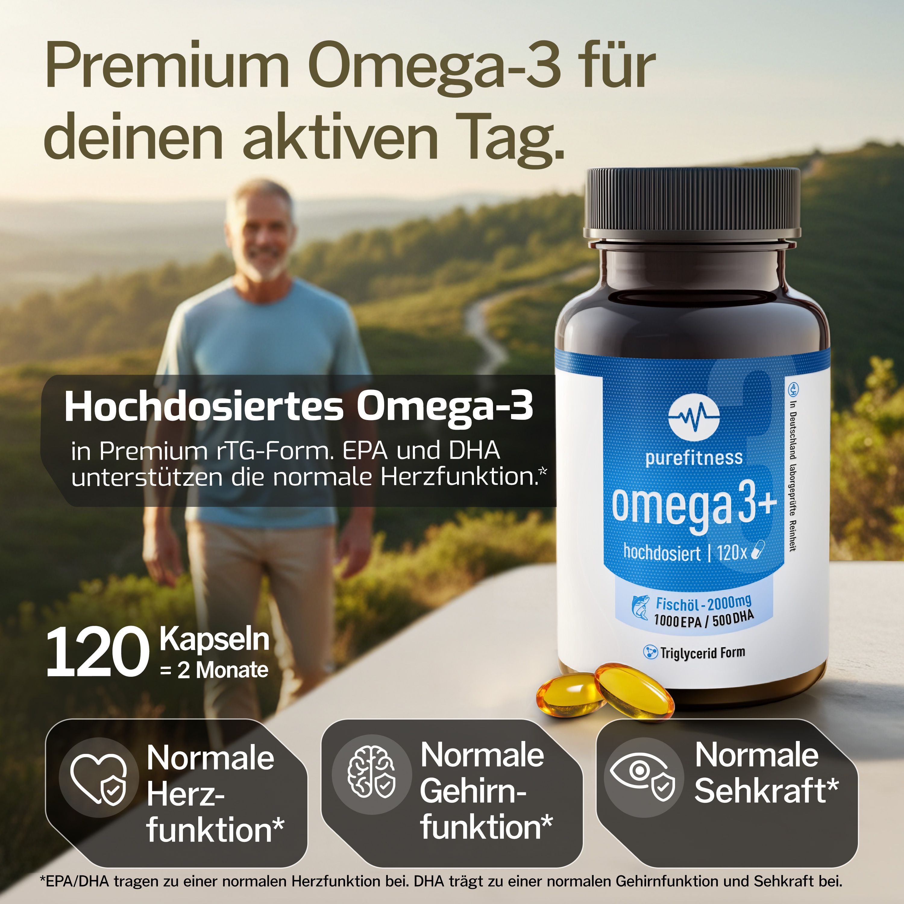 Werbung für Omega-3 Kapseln. Flasche mit Kapseln, daneben 2 Kapseln. Text: 120 Kapseln = 2 Monate. Normale Herzfunktion, Gehirnfunktion, Sehkraft.