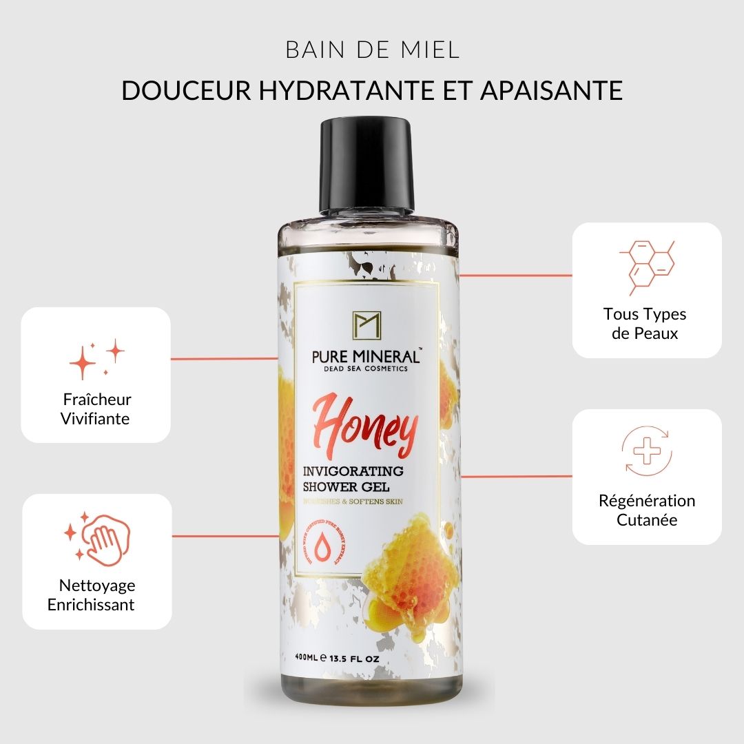 Flacon avec texte et icônes. Bain de miel, hydratant. Icônes: rafraîchissant, nettoyant, Aloe Vera, tous types de peau.