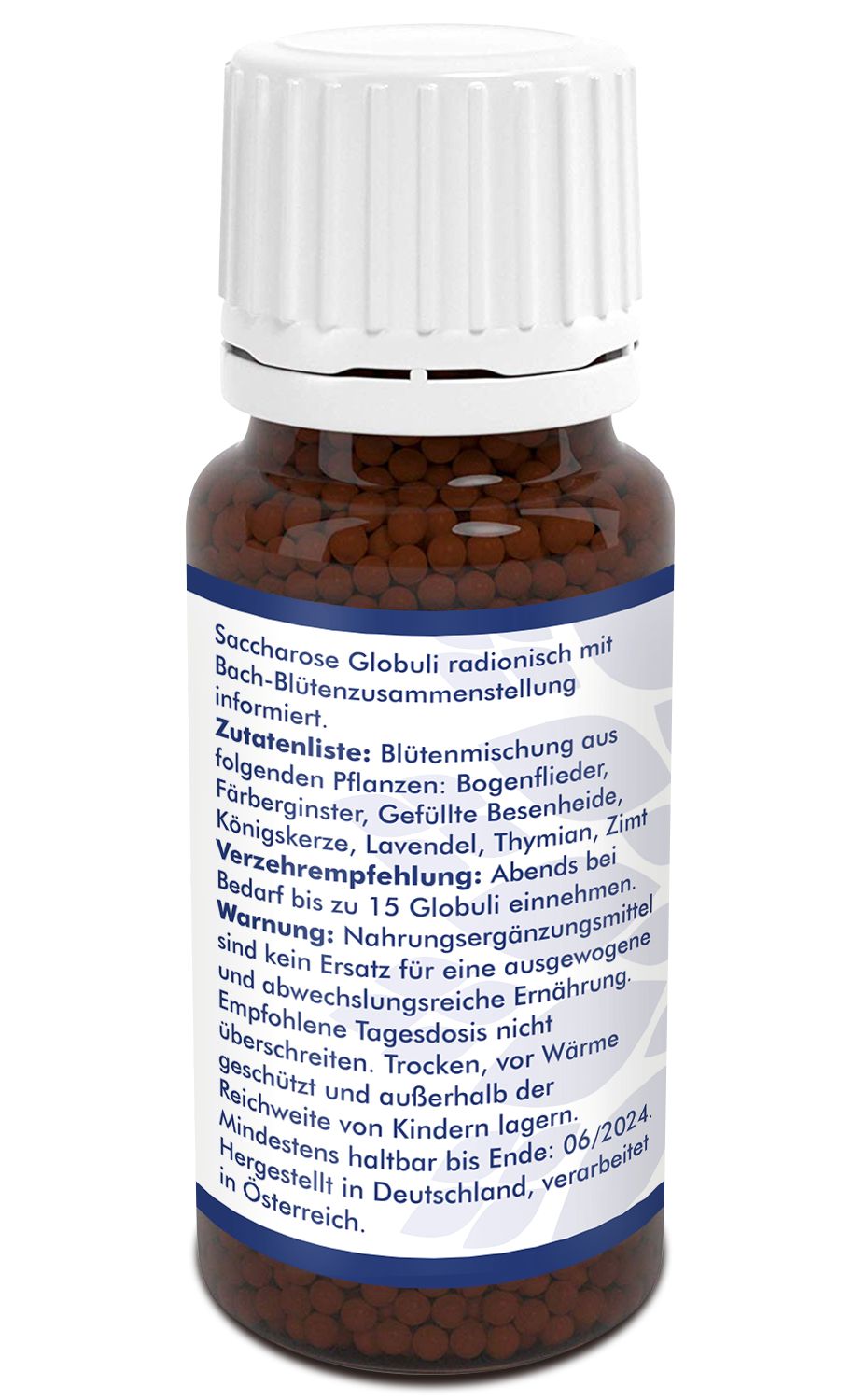 Braune Globuli in einer braunen Glasflasche mit weißem Deckel. Etikett mit Text in deutscher Sprache. Enthält Informationen zu Inhaltsstoffen und Warnhinweisen.