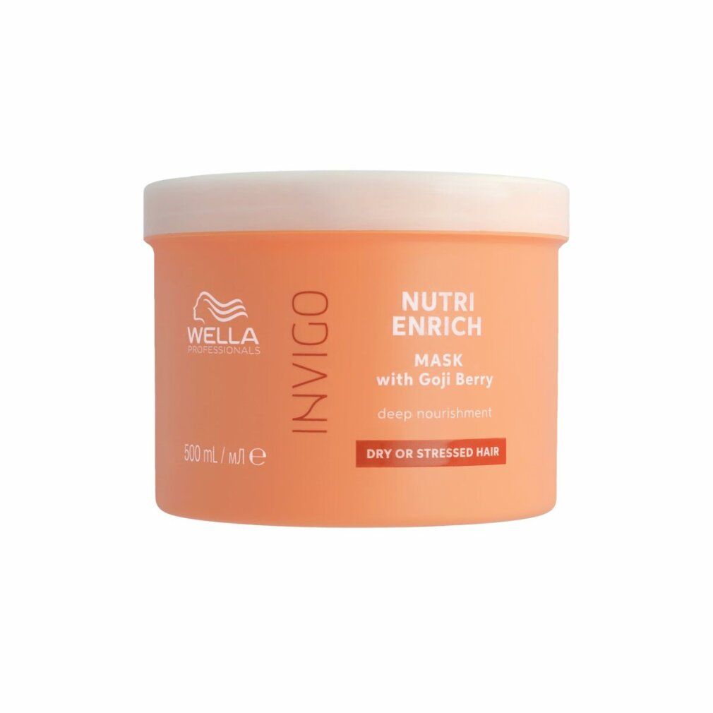 Orangefarbene Dose mit weißem Deckel. Text: INVIGO, Nutri-Enrich Mask with Goji Berry, deep nourishment, DRY OR STRESSED HAIR.